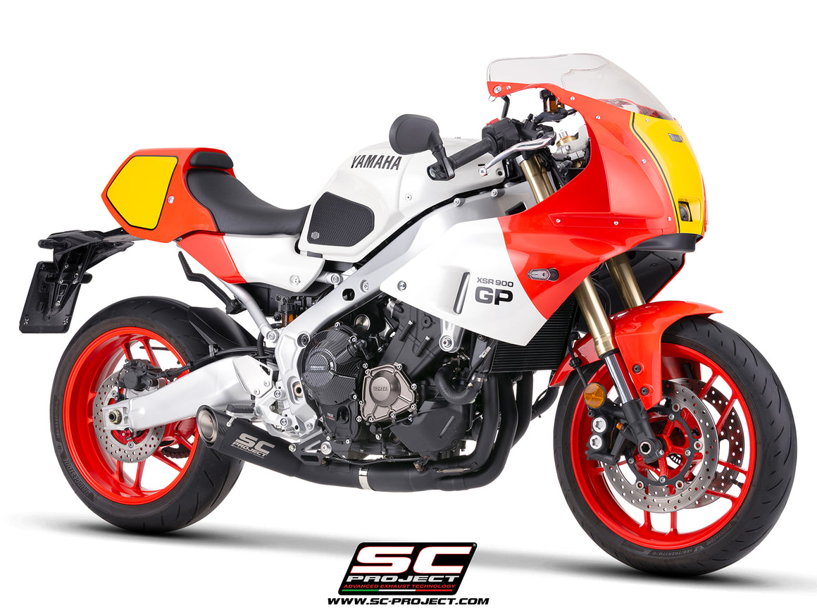 Yamaha XSR900-GP with SC-Project full exhaust system stainless steel, with S1 stainless steel matt black exhaust, 3/4 rear view