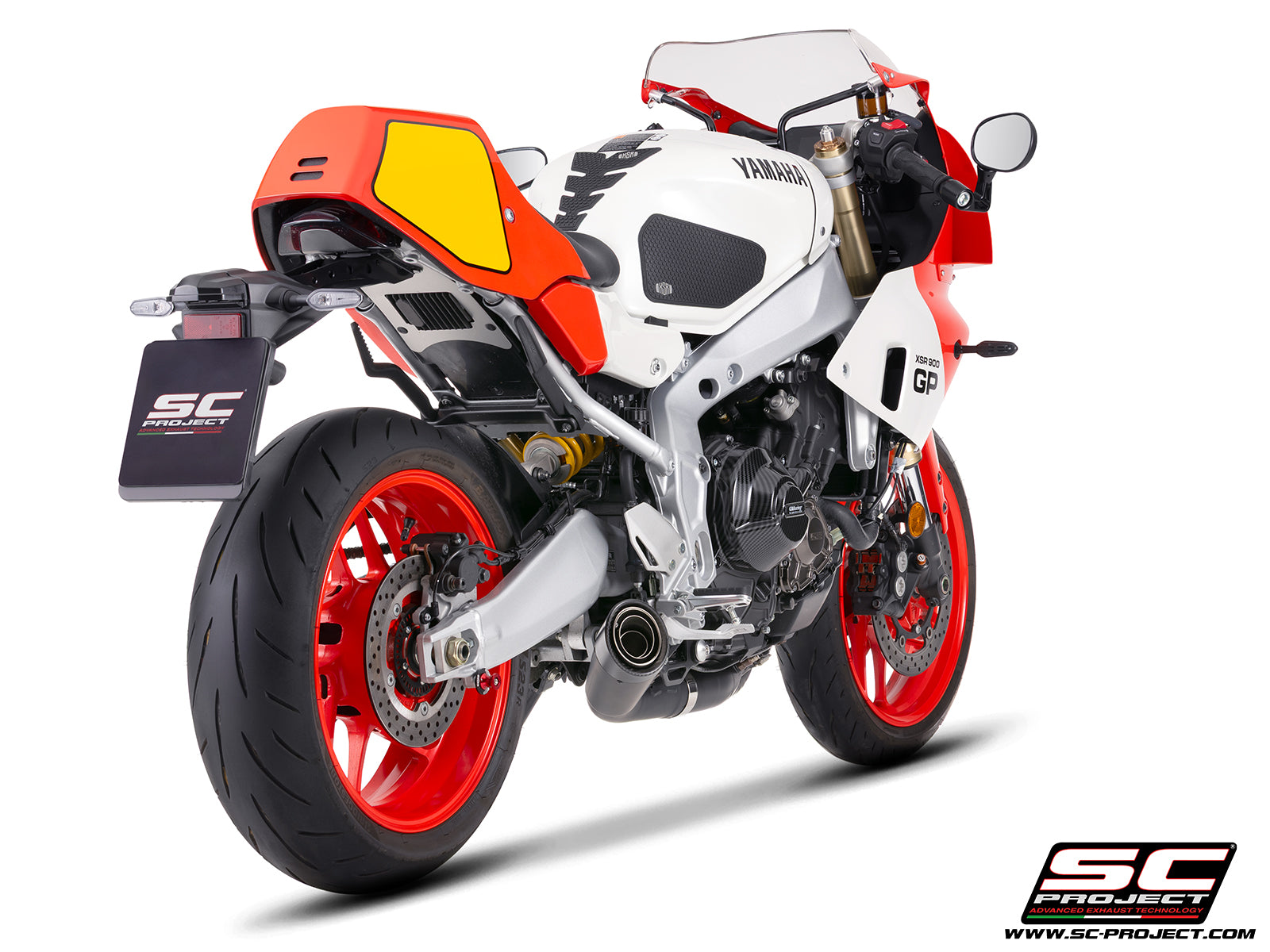 Yamaha XSR900-GP with SC-Project full exhaust system stainless steel, with S1 stainless steel matt black exhaust, 3/4 rear view