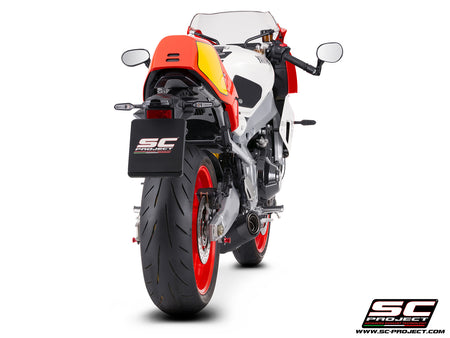 Yamaha XSR900-GP with SC-Project full exhaust system stainless steel, with S1 stainless steel matt black exhaust, 3/4 rear view