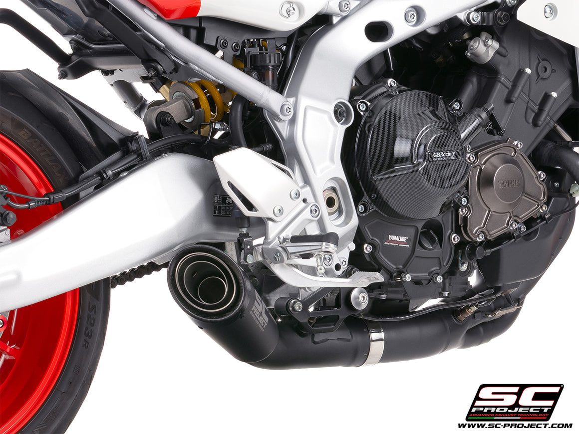 Yamaha XSR900-GP with SC-Project full exhaust system stainless steel, with S1 stainless steel matt black exhaust, 3/4 rear view