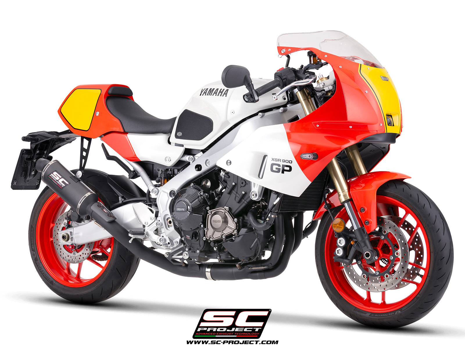 Yamaha XSR900-GP with SC-Project full exhaust system stainless steel, with Oval R60 carbon fibre matt black exhaust, 3/4 rear view