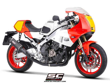 Yamaha XSR900-GP with SC-Project full exhaust system stainless steel, with Oval R60 carbon fibre matt black exhaust, 3/4 rear view