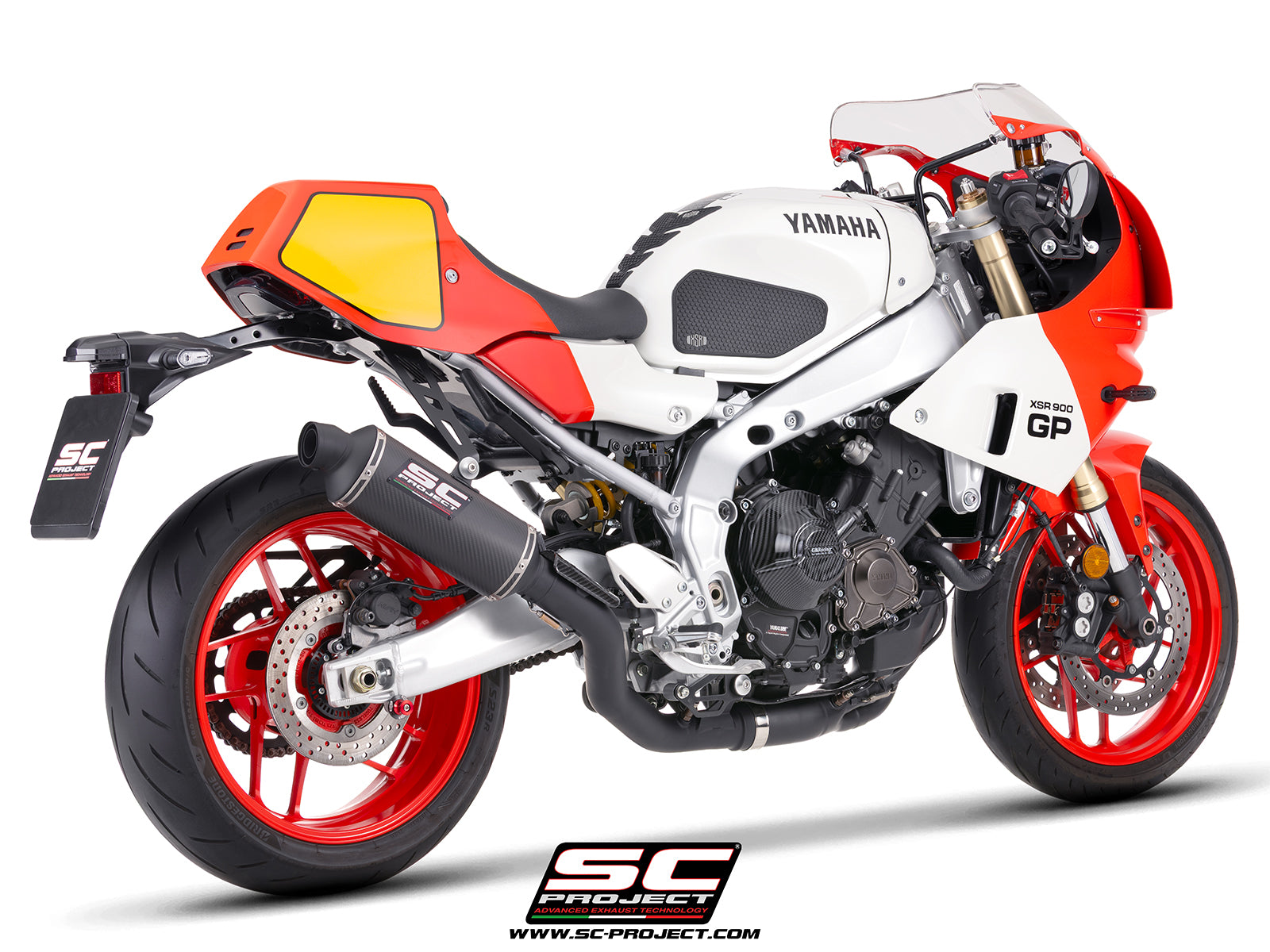 Yamaha XSR900-GP with SC-Project full exhaust system stainless steel, with Oval R60 carbon fibre matt black exhaust, 3/4 rear view