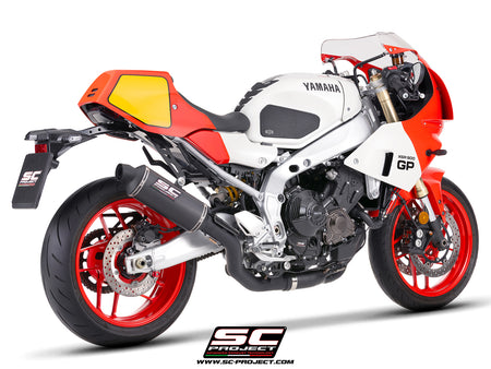 Yamaha XSR900-GP with SC-Project full exhaust system stainless steel, with Oval R60 carbon fibre matt black exhaust, 3/4 rear view