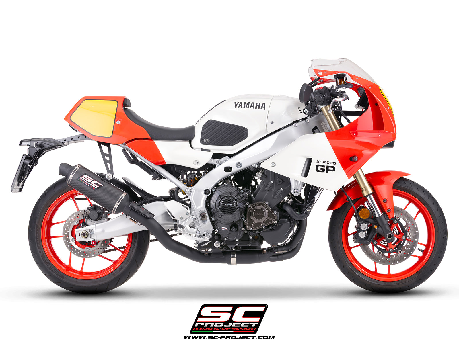 Yamaha XSR900-GP with SC-Project full exhaust system stainless steel, with Oval R60 carbon fibre matt black exhaust, 3/4 rear view