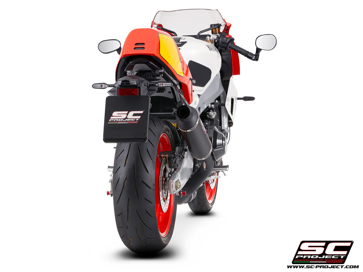 Yamaha XSR900-GP with SC-Project full exhaust system stainless steel, with Oval R60 carbon fibre matt black exhaust, 3/4 rear view