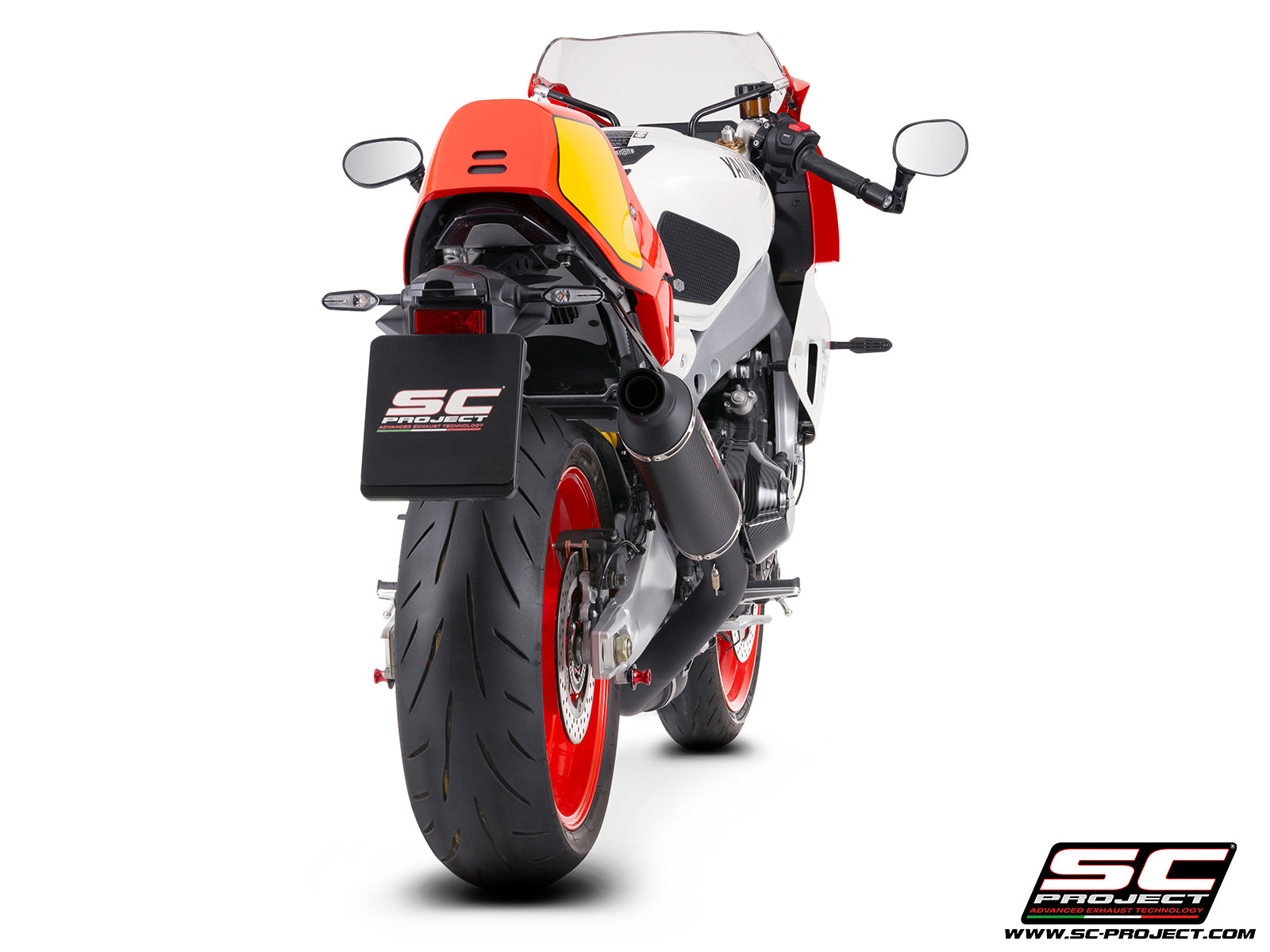 Yamaha XSR900-GP with SC-Project full exhaust system stainless steel, with Oval R60 carbon fibre matt black exhaust, 3/4 rear view