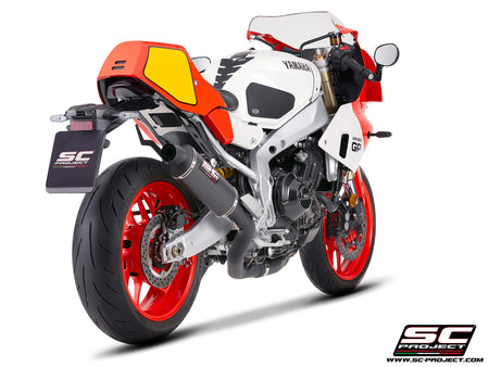 Yamaha XSR900-GP with SC-Project full exhaust system stainless steel, with Oval R60 carbon fibre matt black exhaust, 3/4 rear view