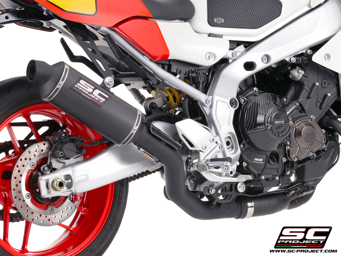 Yamaha XSR900-GP with SC-Project full exhaust system stainless steel, with Oval R60 carbon fibre matt black exhaust, 3/4 rear view