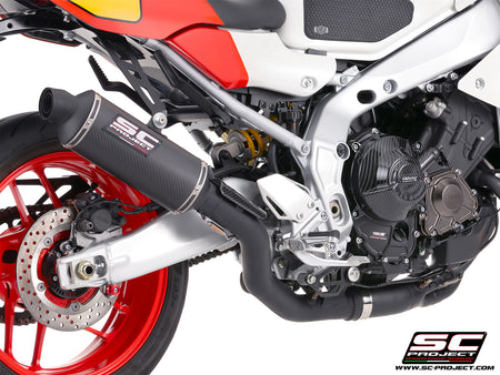 Yamaha XSR900-GP with SC-Project full exhaust system stainless steel, with Oval R60 carbon fibre matt black exhaust, 3/4 rear view