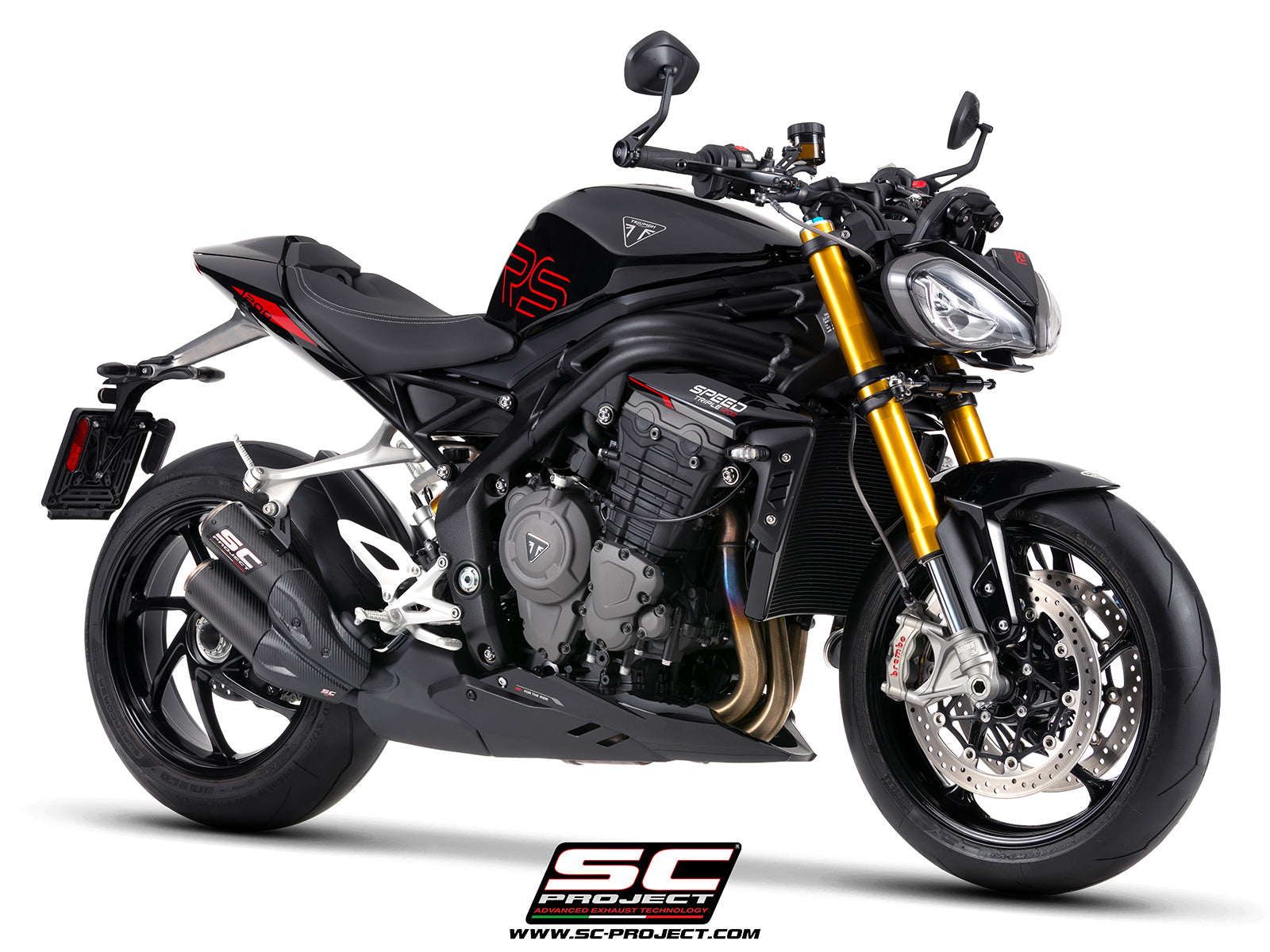 Triumph Speed Triple 1200 RS  with SC-Project TWIN CR-T carbon fibre exhaust, with stoneguard grid, 3/4 rear view