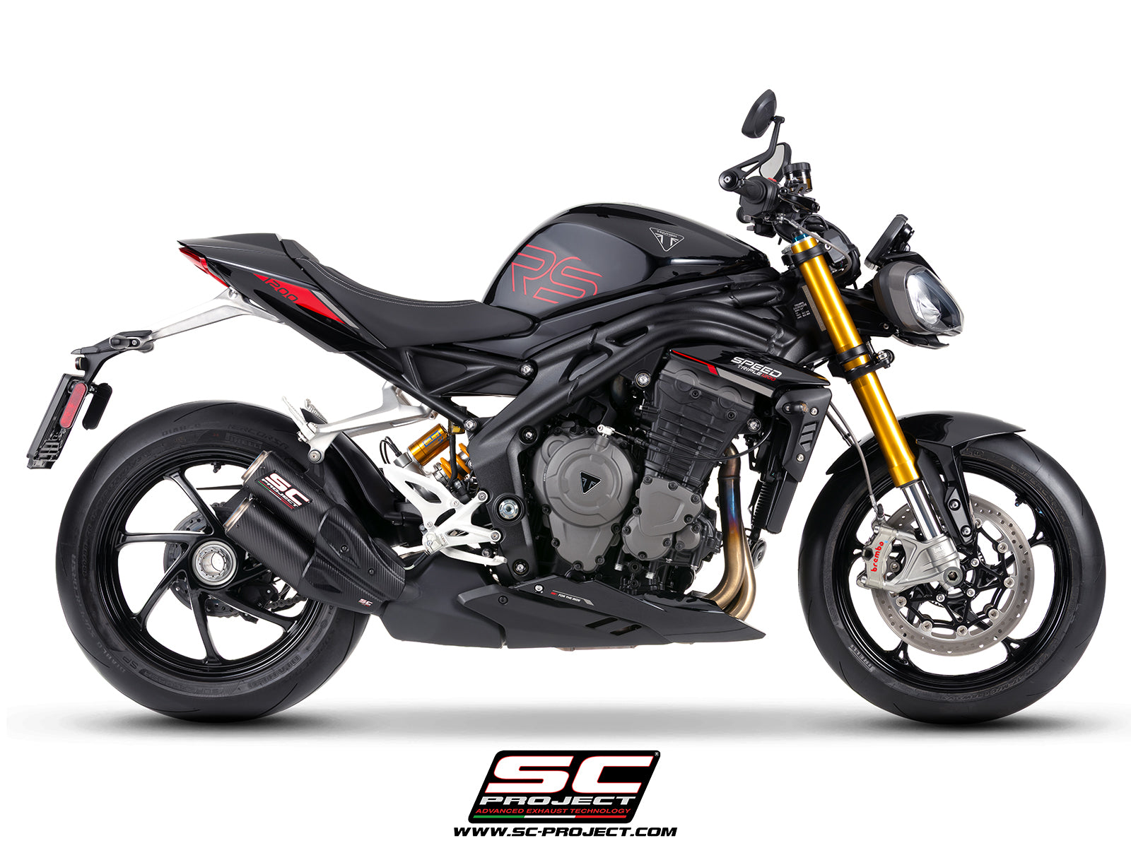 Triumph Speed Triple 1200 RS  with SC-Project TWIN CR-T carbon fibre exhaust, with stoneguard grid, 3/4 rear view