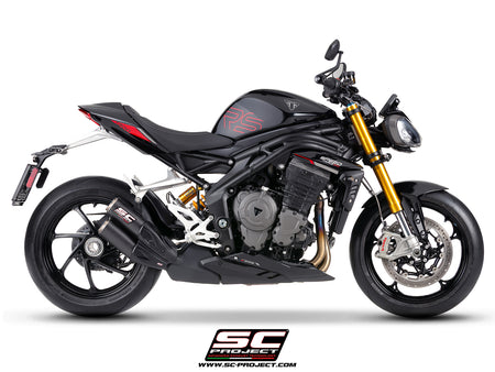 Triumph Speed Triple 1200 RS  with SC-Project TWIN CR-T carbon fibre exhaust, with stoneguard grid, 3/4 rear view