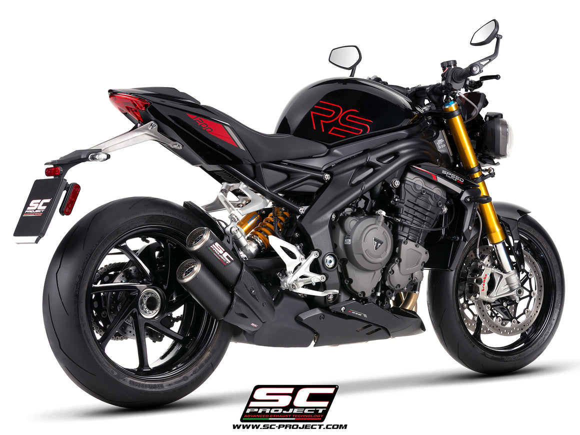 Triumph Speed Triple 1200 RS  with SC-Project TWIN CR-T carbon fibre exhaust, with stoneguard grid, 3/4 rear view