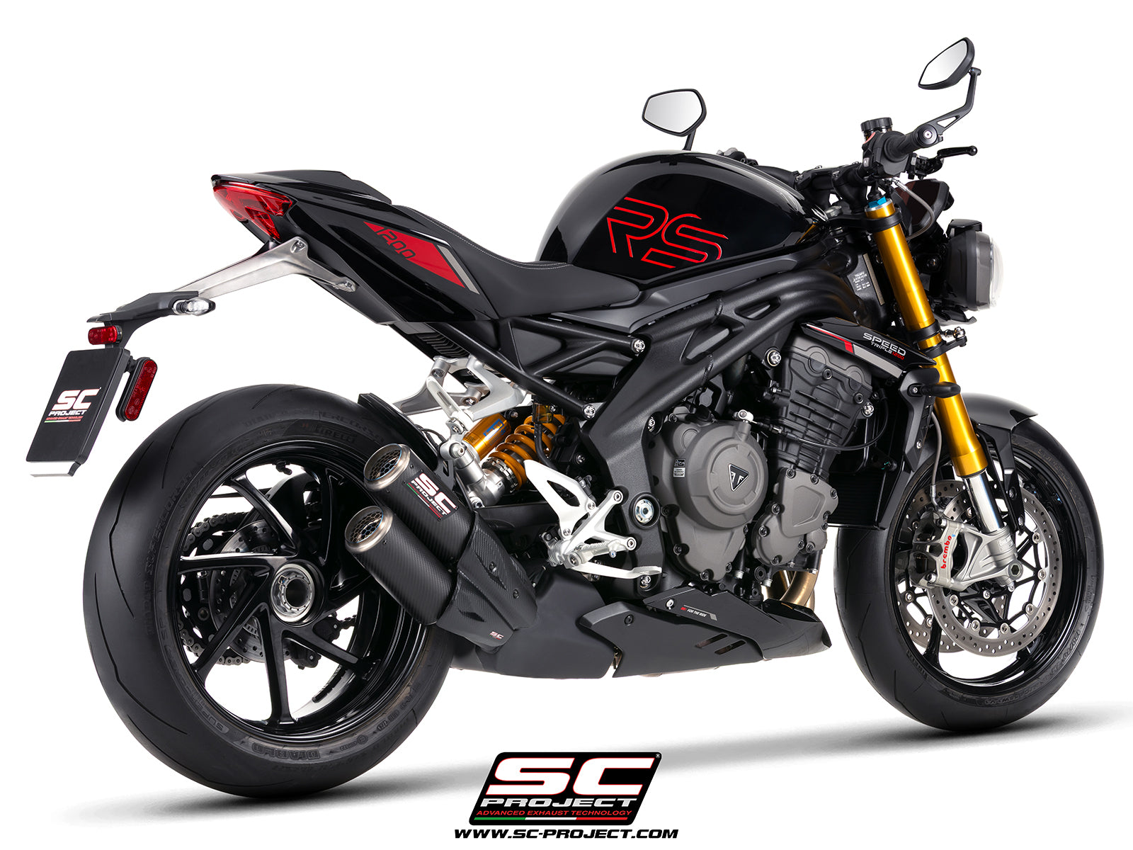 Triumph Speed Triple 1200 RS  with SC-Project TWIN CR-T carbon fibre exhaust, with stoneguard grid, 3/4 rear view