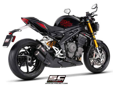 Triumph Speed Triple 1200 RS  with SC-Project TWIN CR-T carbon fibre exhaust, with stoneguard grid, 3/4 rear view