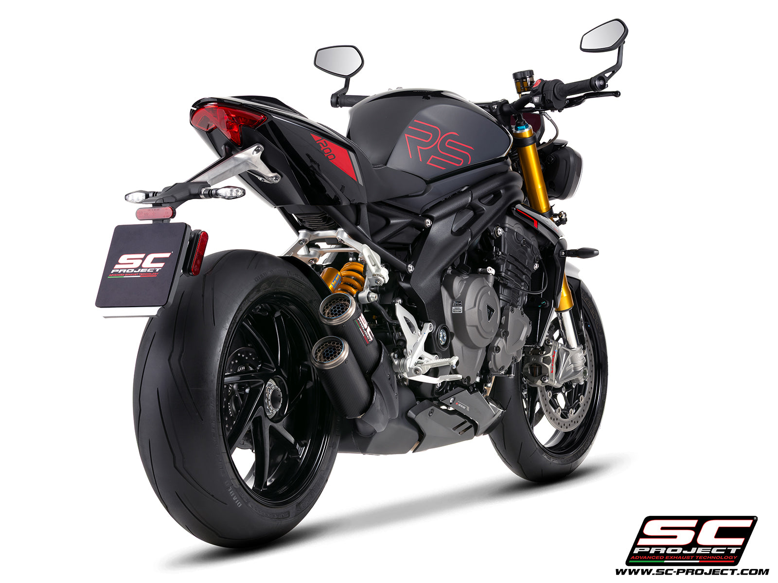Triumph Speed Triple 1200 RS  with SC-Project TWIN CR-T carbon fibre exhaust, with stoneguard grid, 3/4 rear view