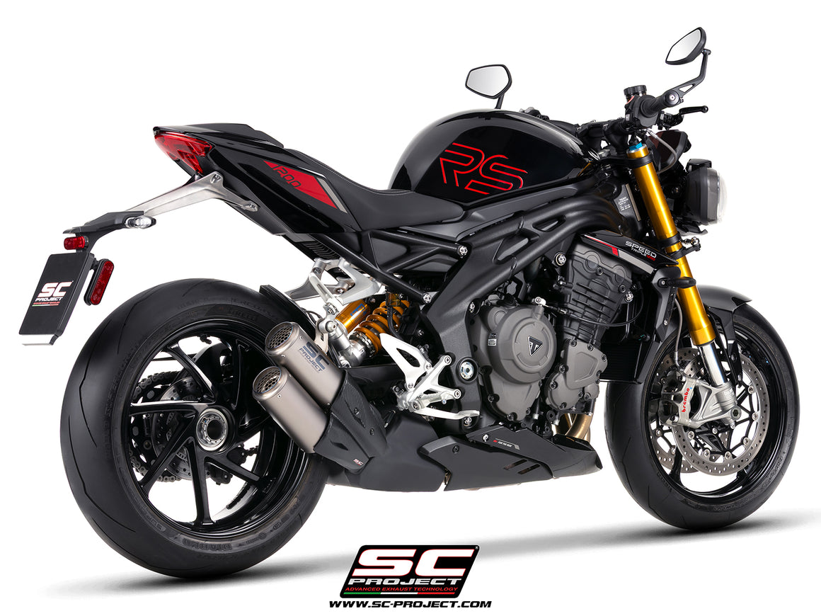 Triumph Speed Triple 1200 RS  with SC-Project TWIN CR-T titanium exhaust, with stoneguard grid, 3/4 rear view