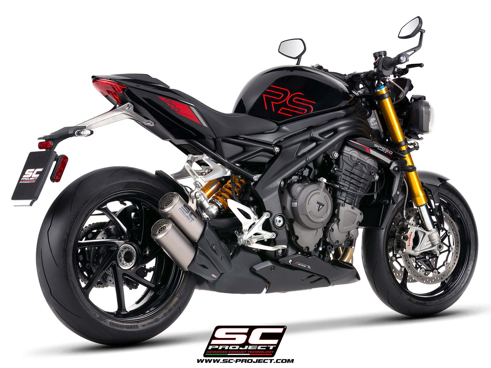 Triumph Speed Triple 1200 RS  with SC-Project TWIN CR-T titanium exhaust, with stoneguard grid, 3/4 rear view