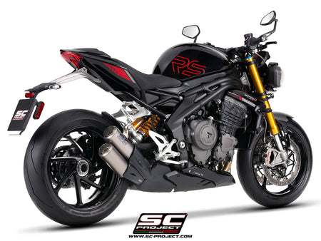 Triumph Speed Triple 1200 RS  with SC-Project TWIN CR-T titanium exhaust, with stoneguard grid, 3/4 rear view