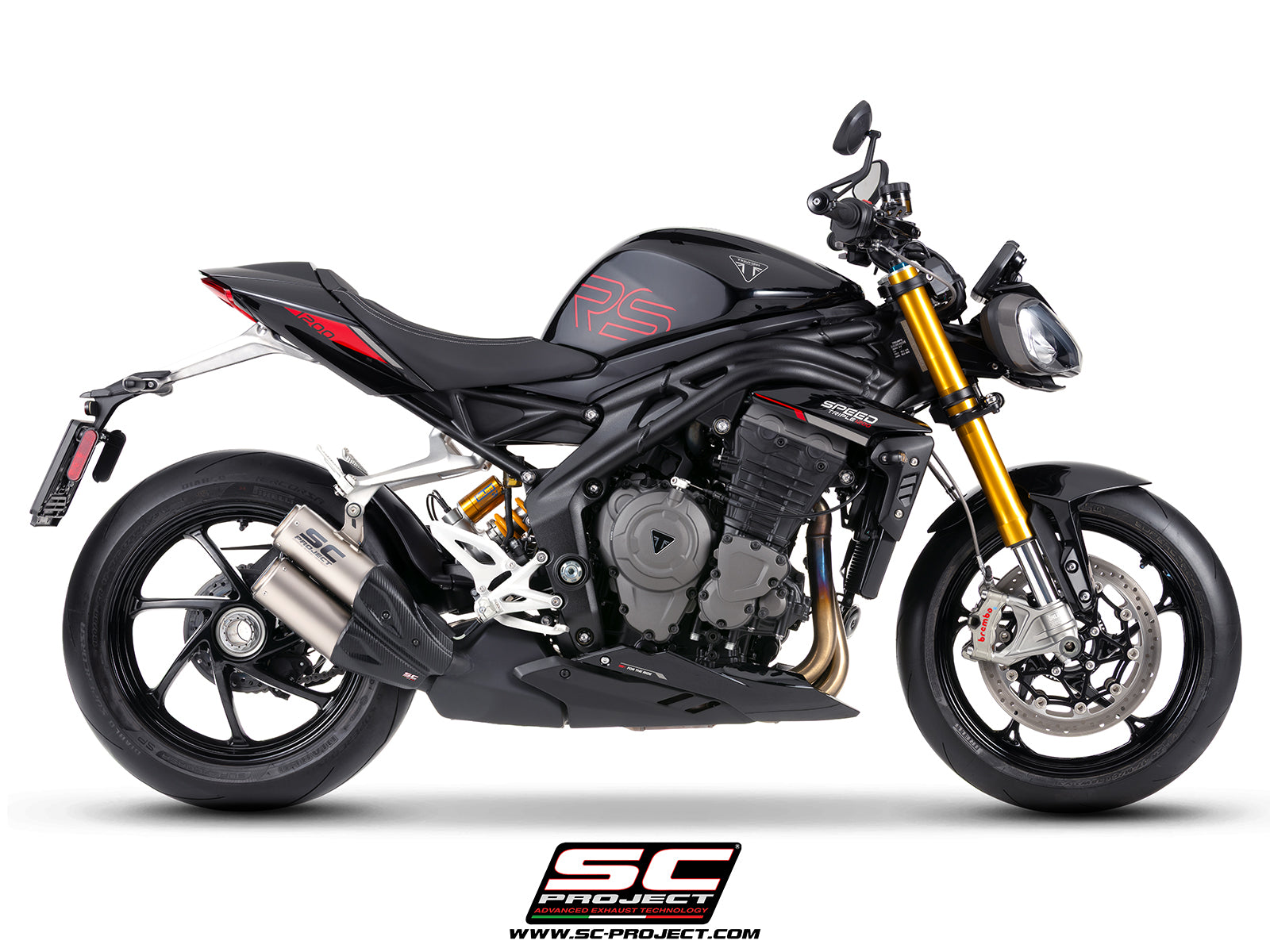 Triumph Speed Triple 1200 RS  with SC-Project TWIN CR-T titanium exhaust, with stoneguard grid, 3/4 rear view