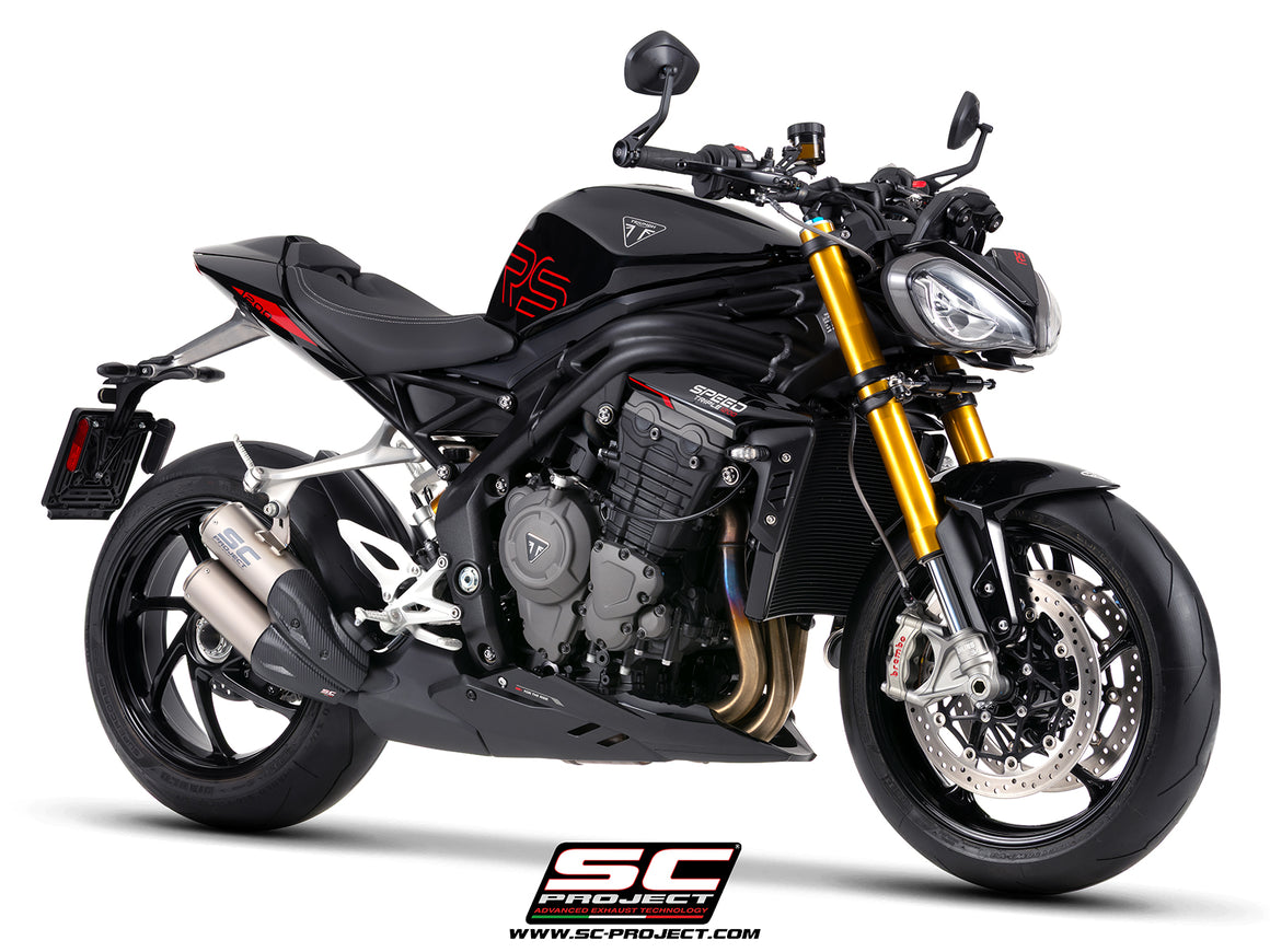 Triumph Speed Triple 1200 RS  with SC-Project TWIN CR-T titanium exhaust, with stoneguard grid, 3/4 rear view