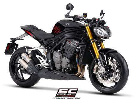Triumph Speed Triple 1200 RS  with SC-Project TWIN CR-T titanium exhaust, with stoneguard grid, 3/4 rear view