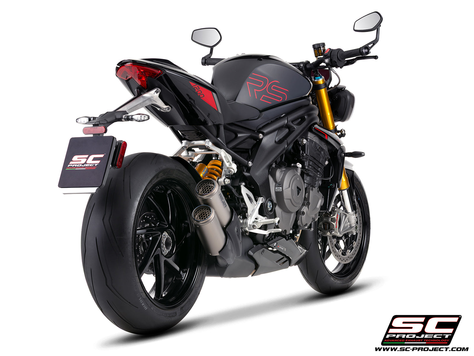 Triumph Speed Triple 1200 RS  with SC-Project TWIN CR-T titanium exhaust, with stoneguard grid, 3/4 rear view