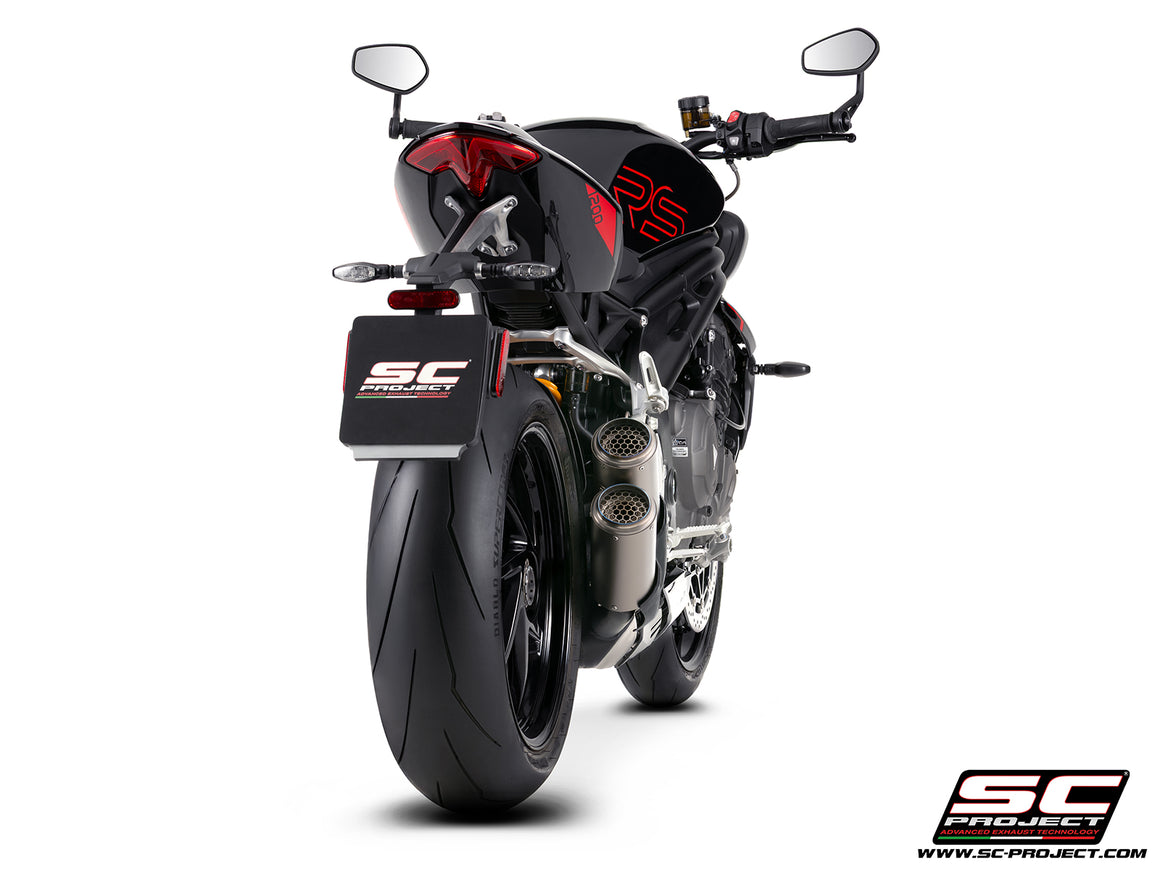 Triumph Speed Triple 1200 RS  with SC-Project TWIN CR-T titanium exhaust, with stoneguard grid, 3/4 rear view