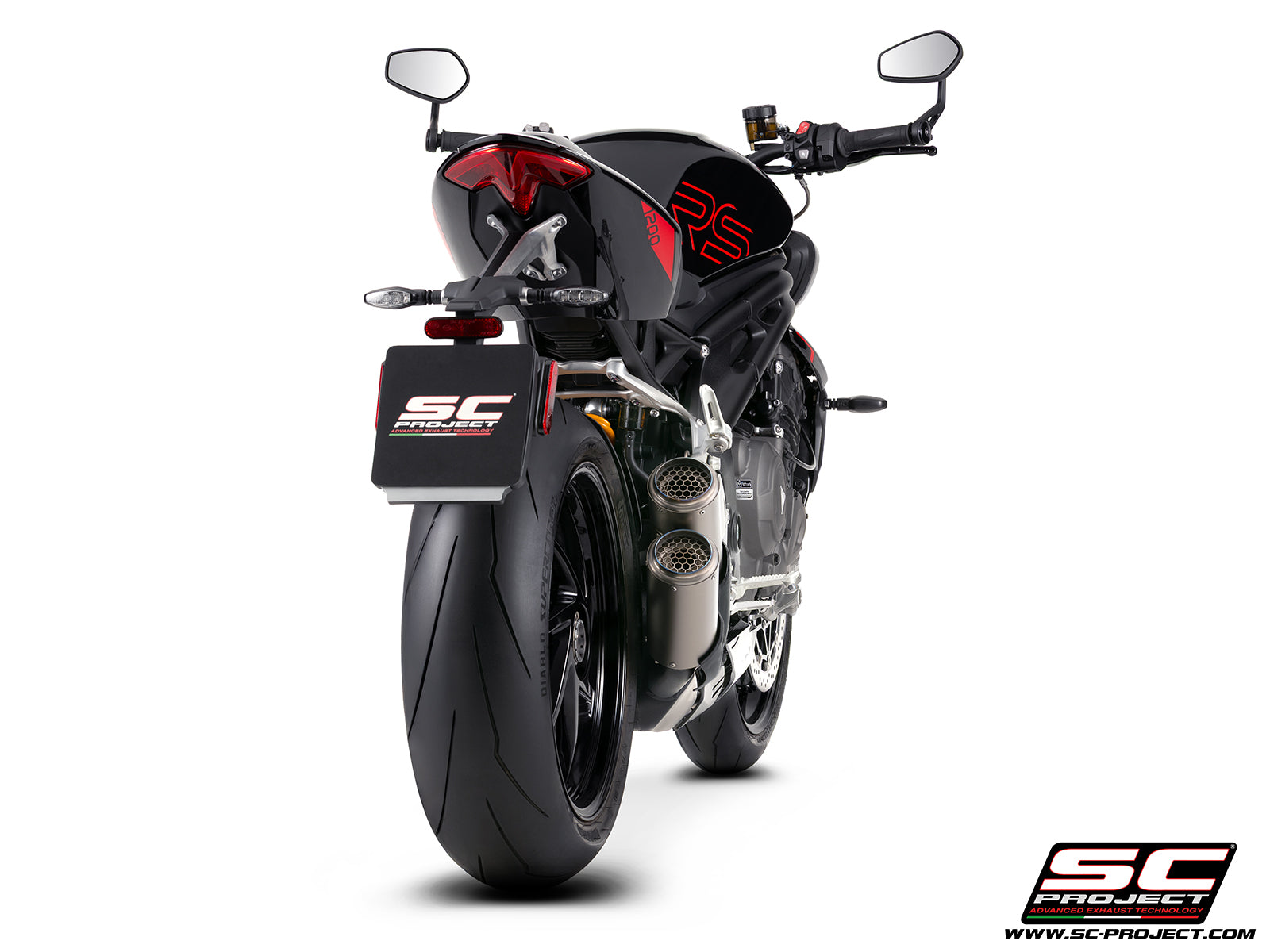 Triumph Speed Triple 1200 RS  with SC-Project TWIN CR-T titanium exhaust, with stoneguard grid, 3/4 rear view