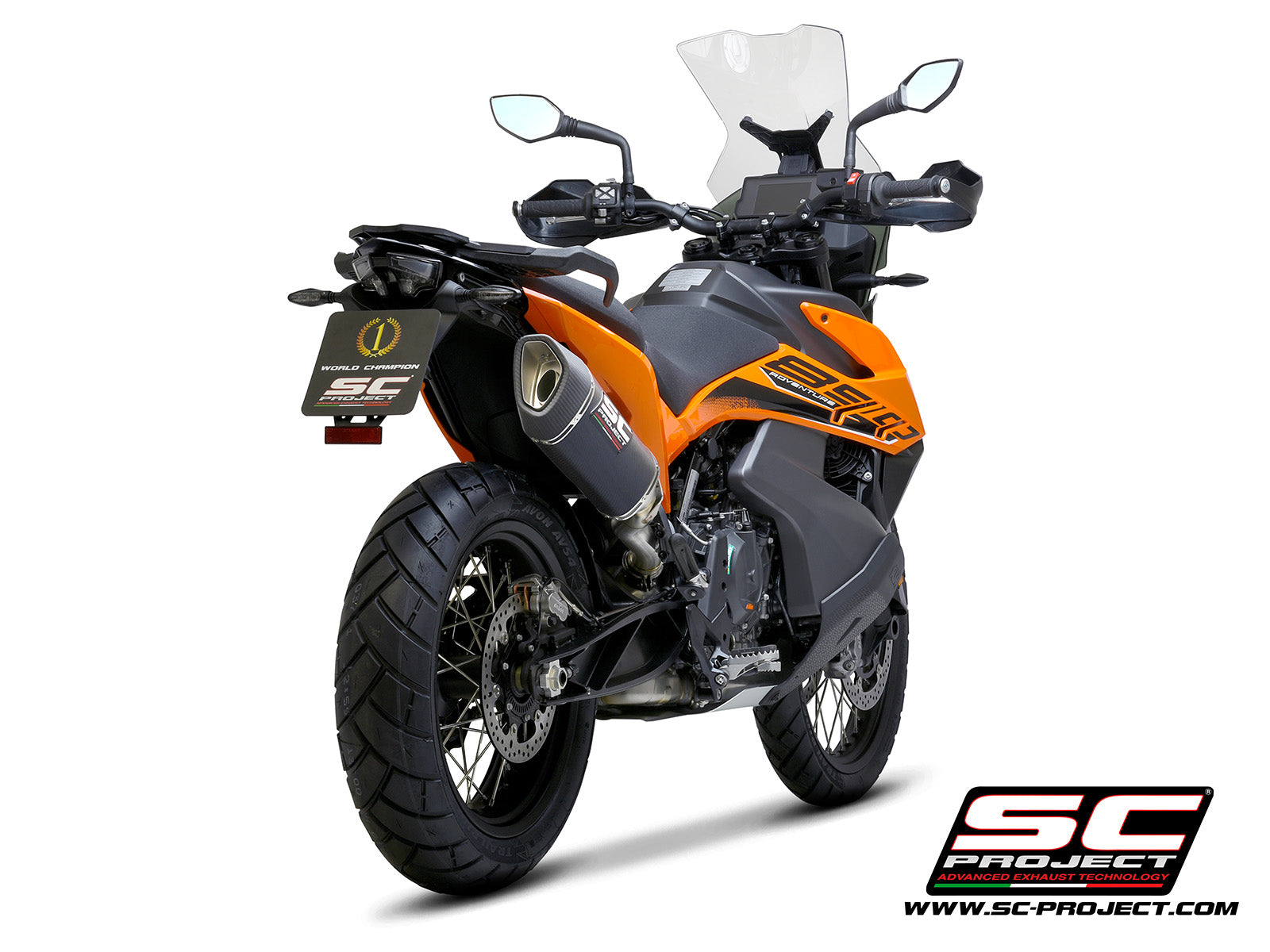 KTM 890 Adventure R with SC-Project SC1-R carbon fibre exhaust, 3/4 rear view