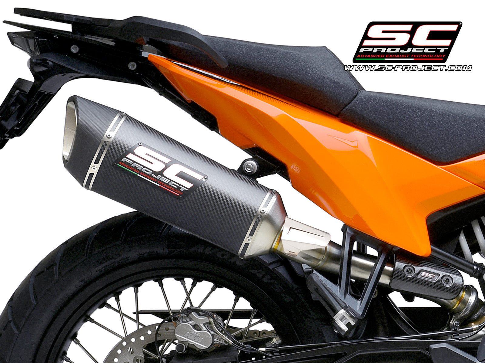 KTM 890 Adventure R with SC-Project SC1-R carbon fibre exhaust, 3/4 rear view