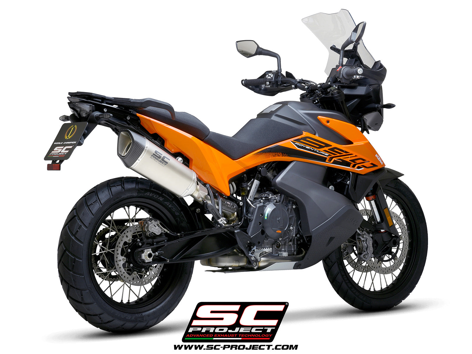 KTM 890 Adventure R with SC-Project SC1-R titanium exhaust, 3/4 rear view