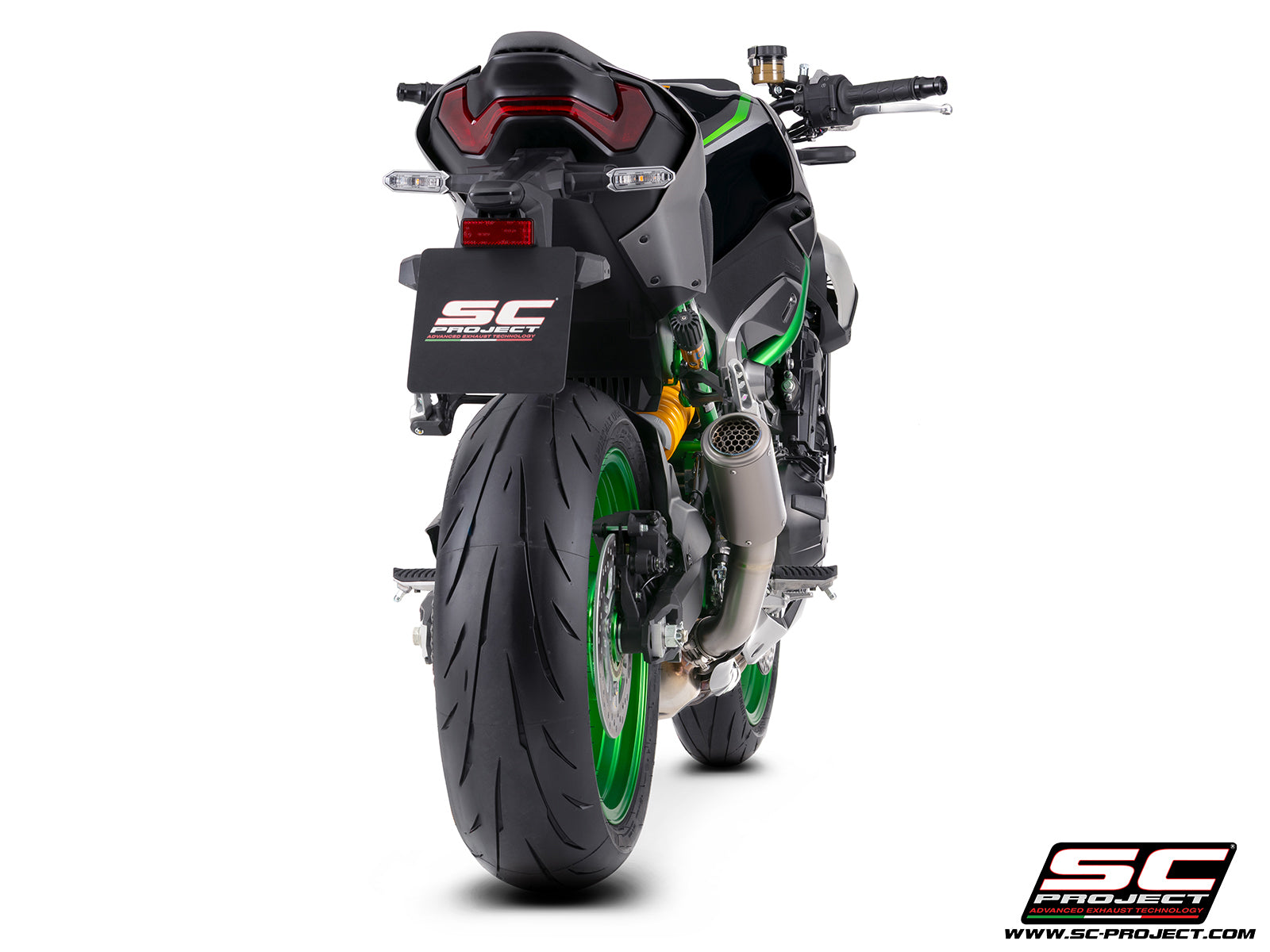 Kawasaki Z900 with SC-Project CR-T titanium exhaust, with stoneguard grid, 3/4 rear view