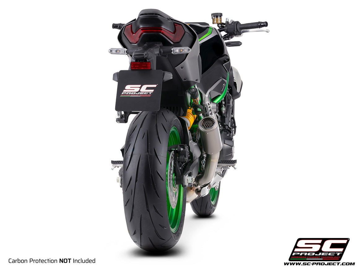 Kawasaki Z900 with SC-Project CR-T titanium exhaust, with stoneguard grid, 3/4 rear view