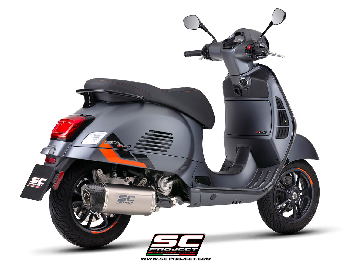Vespa GTS 310 SuperSport with SC-Project Tourer titanium exhaust, 3/4 rear view