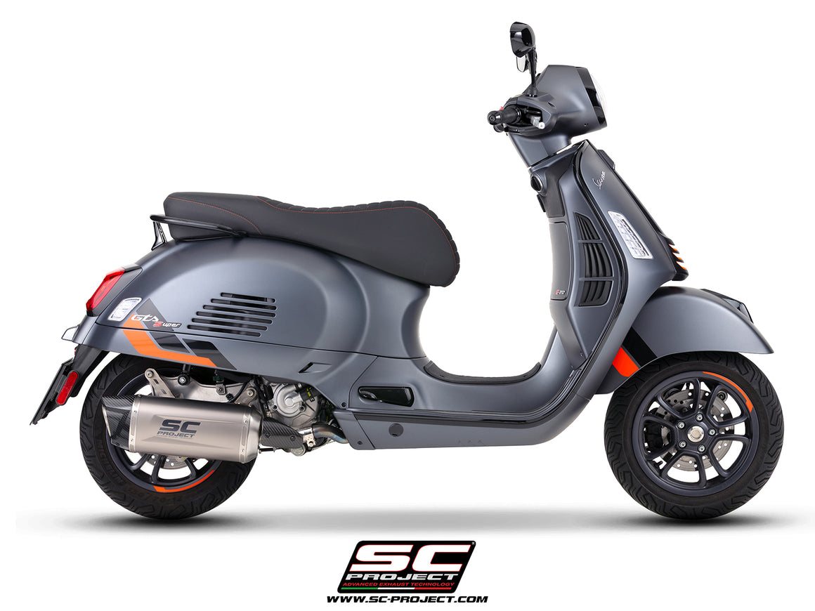 Vespa GTS 310 SuperSport with SC-Project Tourer titanium exhaust, 3/4 rear view