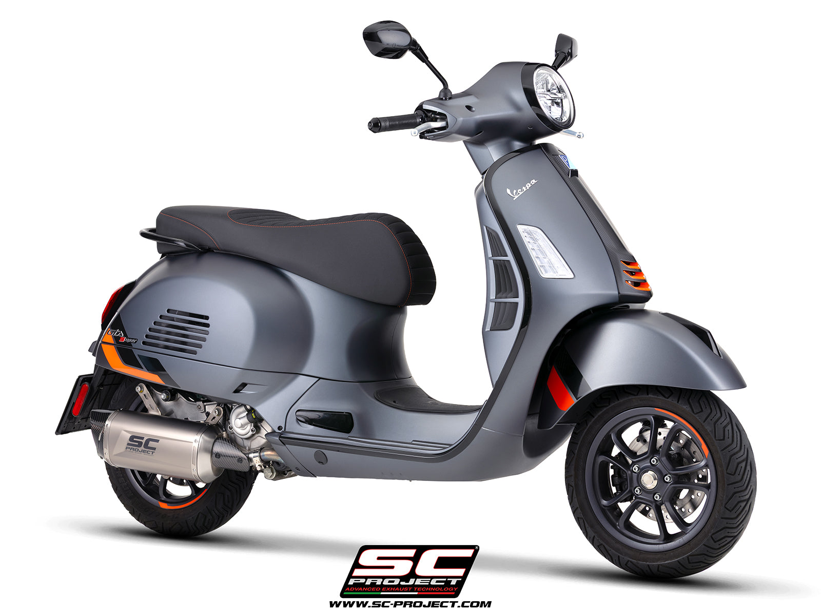 Vespa GTS 310 SuperSport with SC-Project Tourer titanium exhaust, 3/4 rear view