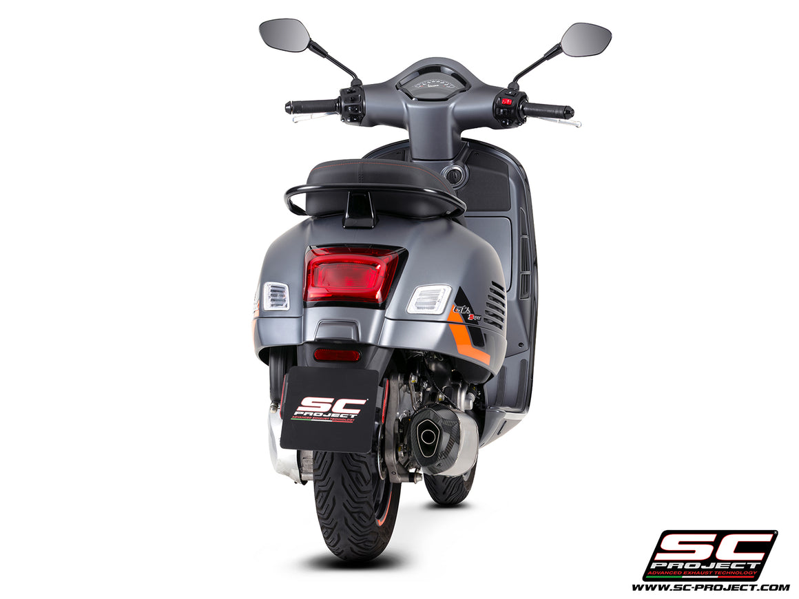 Vespa GTS 310 SuperSport with SC-Project Tourer titanium exhaust, 3/4 rear view