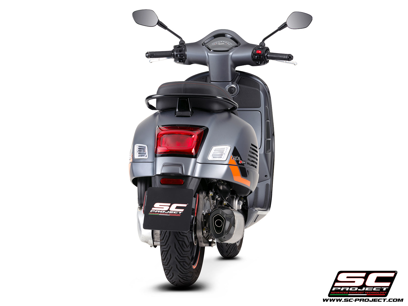 Vespa GTS 310 SuperSport with SC-Project Tourer titanium exhaust, 3/4 rear view