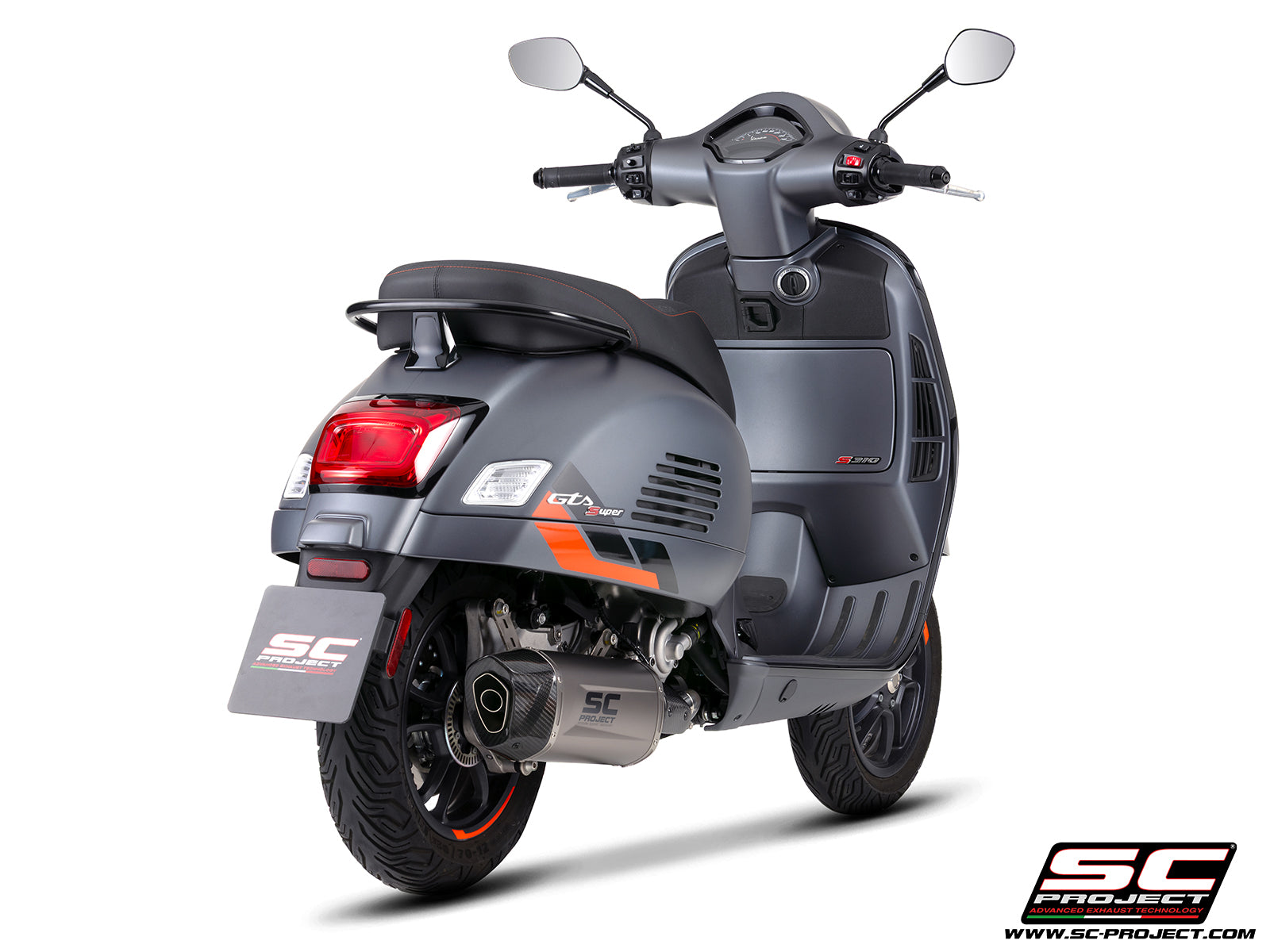 Vespa GTS 310 SuperSport with SC-Project Tourer titanium exhaust, 3/4 rear view