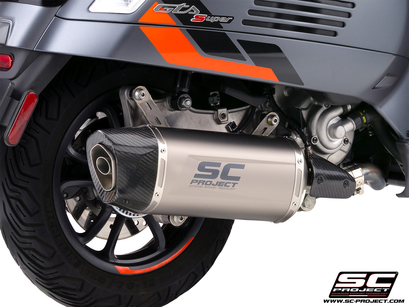 Vespa GTS 310 SuperSport with SC-Project Tourer titanium exhaust, 3/4 rear view