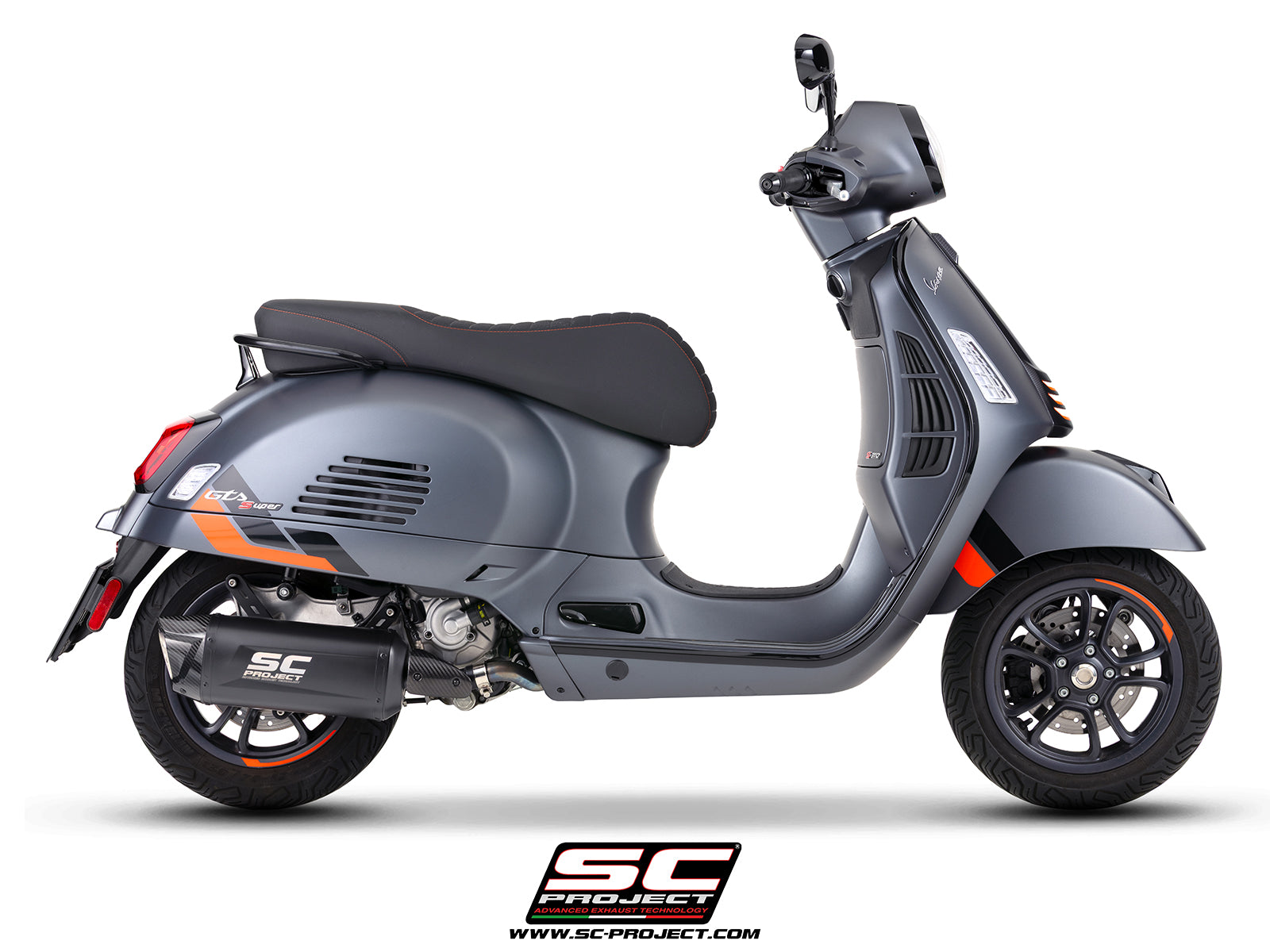Vespa GTS 310 SuperSport with SC-Project Tourer titanium matt black exhaust, 3/4 rear view