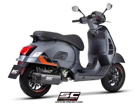 Vespa GTS 310 SuperSport with SC-Project Tourer titanium matt black exhaust, 3/4 rear view