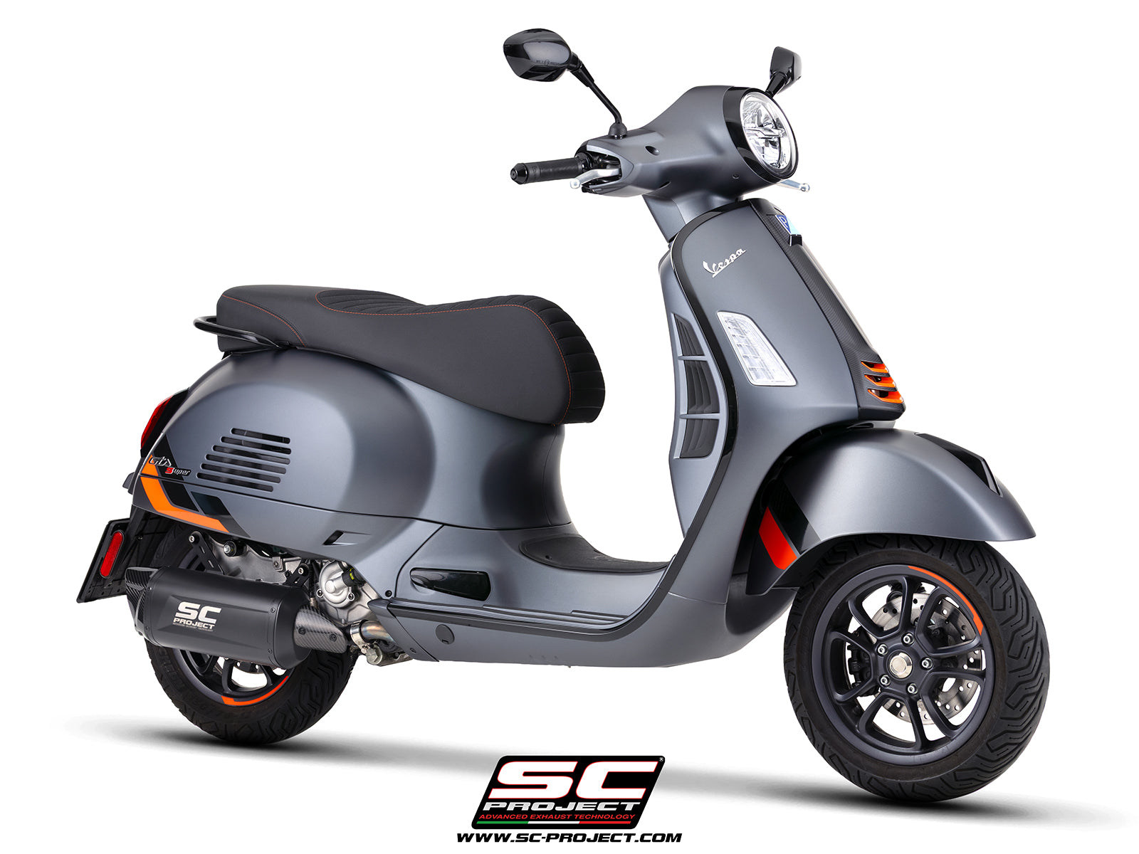 Vespa GTS 310 SuperSport with SC-Project Tourer titanium matt black exhaust, 3/4 rear view