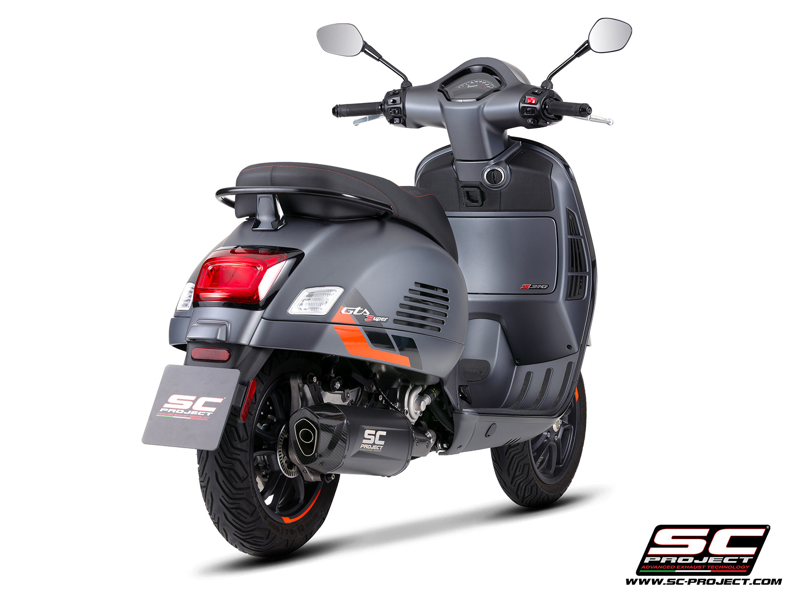Vespa GTS 310 SuperSport with SC-Project Tourer titanium matt black exhaust, 3/4 rear view