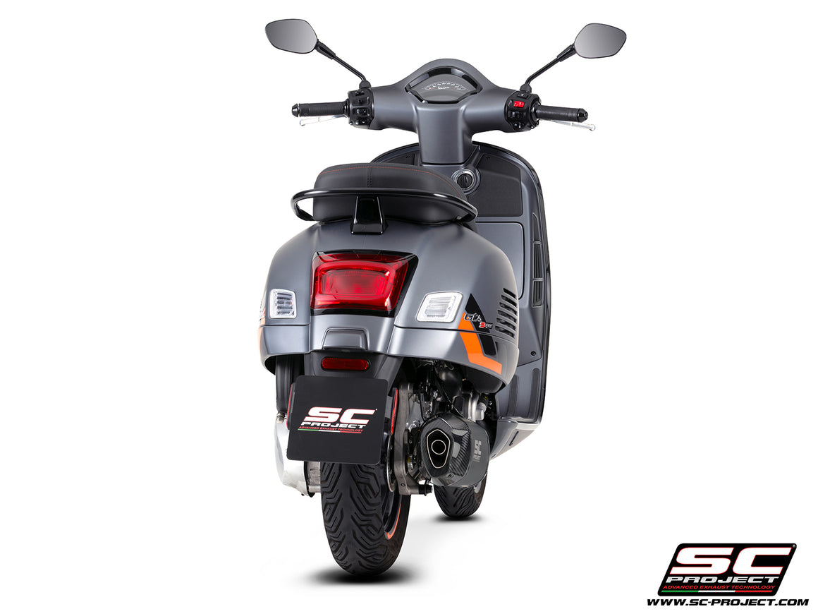 Vespa GTS 310 SuperSport with SC-Project Tourer titanium matt black exhaust, 3/4 rear view