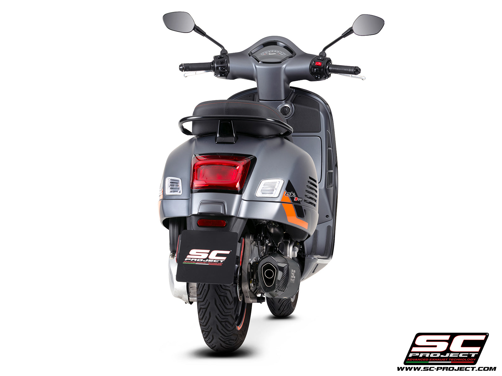 Vespa GTS 310 SuperSport with SC-Project Tourer titanium matt black exhaust, 3/4 rear view