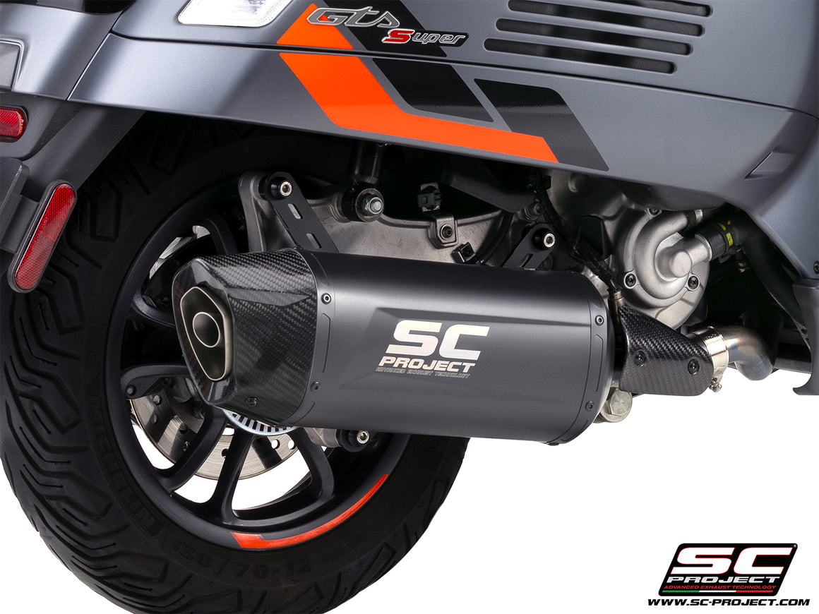 Vespa GTS 310 SuperSport with SC-Project Tourer titanium matt black exhaust, 3/4 rear view