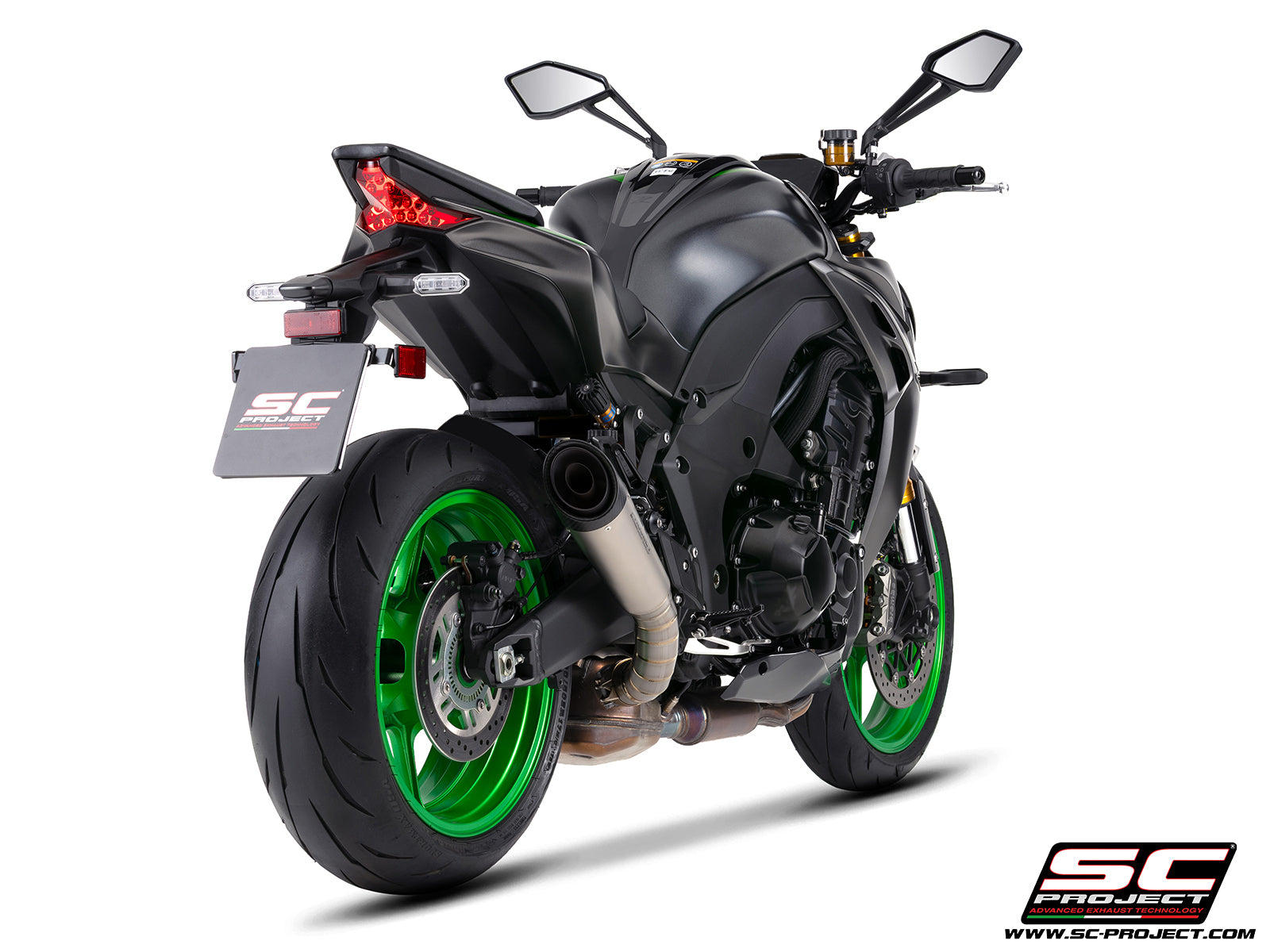 Kawasaki Z1100 with SC-Project S1 titanium exhaust, 3/4 rear view